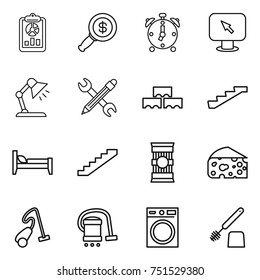 thin line icon set : report, dollar magnifier, alarm clock, monitor arrow, table lamp, pencil wrench, block wall, stairs, bed, pasta, cheese, vacuum cleaner, washing machine, toilet brush
