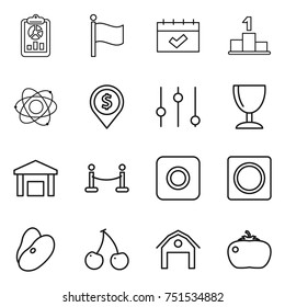thin line icon set : report, flag, calendar, pedestal, atom, dollar pin, equalizer, wineglass, warehouse, vip fence, ring button, beans, cherry, barn, tomato