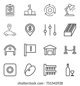 thin line icon set : report, pedestal, around gear, table lamp, car pointer, dollar pin, equalizer, brick, barn, important flag, warehouse, vip fence, ring button, beans, watering, wine