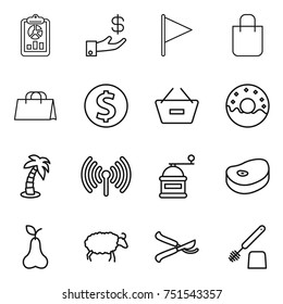 thin line icon set : report, investment, flag, shopping bag, dollar coin, remove from basket, donut, palm, wireless, hand mill, steake, pear, sheep, pruner, toilet brush