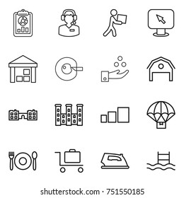 thin line icon set : report, call center, courier, monitor arrow, warehouse, cell corection, chemical industry, barn, school, palace, sorting, parachute delivery, cafe, baggage trolley, iron, pool