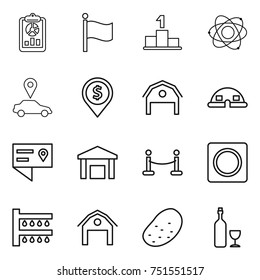 thin line icon set : report, flag, pedestal, atom, car pointer, dollar pin, barn, dome house, location details, warehouse, vip fence, ring button, watering, potato, wine