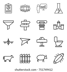 thin line icon set : report, team, presentation, flask, funnel, singlepost, column, castle, plane, deltaplane, restaurant, toilet, cow, fence, sheep, bug
