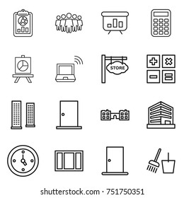 thin line icon set : report, team, presentation, calculator, notebook wireless, store signboard, skyscrapers, door, school, office, watch, window, bucket and broom