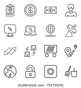 thin line icon set : report, dollar, money, woman, monitor arrow, notebook, globe connect, satellite antenna, up down, delivery, route, earth, unlocked, ring button, bucket and broom