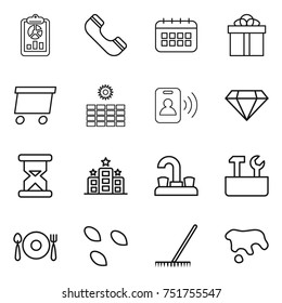 thin line icon set : report, phone, calendar, gift, delivery, sun power, pass card, diamond, sand clock, hotel, water tap, repair tools, fork spoon plate, seeds, rake, spot