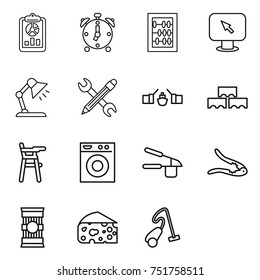 thin line icon set : report, alarm clock, abacus, monitor arrow, table lamp, pencil wrench, drawbridge, block wall, Chair for babies, washing machine, garlic clasp, walnut crack, pasta, cheese