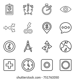 thin line icon set : report, alarm clock, stopwatch, eye, core splitting, infinity power, dollar pin, balloon, info, draw compass, route, earth, first aid, watch, ring button