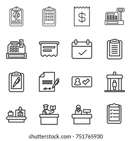thin line icon set : report, clipboard, receipt, cashbox, atm, terms, pen, inventory, check in, detector, baggage checking, inspector, reception, list