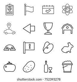 thin line icon set : report, flag, calendar, atom, car pointer, left arrow, wineglass, barn, dome house, important, beans, rabbit, tomato, potato, wine, foam bucket