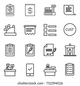 thin line icon set : report, receipt, cashbox, shopping list, atm, customs, clipboard, pen, inventory, detector, inspector, mobile checking, reception