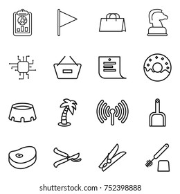 thin line icon set : report, flag, shopping bag, chess horse, chip, remove from basket, list, donut, stadium, palm, wireless, scoop, steake, pruner, clothespin, toilet brush