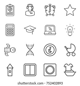 thin line icon set : report, call center, alarm clock, star, calculator, graduate hat, notebook, bulb, satellite, dna, info, baby stroller, tower, power switch, ring button, handle washing