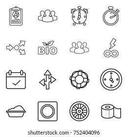 thin line icon set : report, group, alarm clock, stopwatch, core splitting, bio, infinity power, terms, route, lifebuoy, watch, washing, ring button, wheel, toilet paper