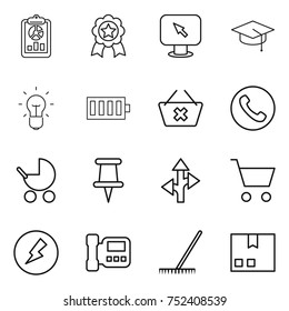 thin line icon set : report, medal, monitor arrow, graduate hat, bulb, battery, delete cart, phone, baby stroller, pin, route, electricity, intercome, rake, package