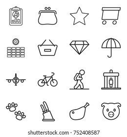 thin line icon set : report, purse, star, delivery, sun power, remove from basket, diamond, dry cargo, plane, bike, tourist, detector, pets, knife holder, chicken leg, pig