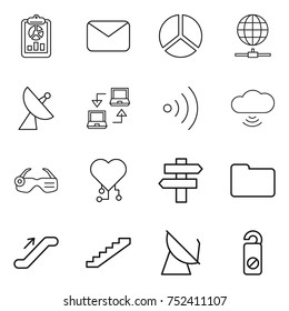 thin line icon set : report, mail, diagram, globe connect, satellite antenna, notebook, wireless, cloud, smart glasses, cardio chip, singlepost, documents, escalator, stairs, do not distrub