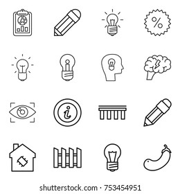 thin line icon set : report, pencil, bulb, percent, head, brain, eye identity, info, bridge, smart house, fence, eggplant