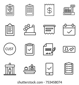 thin line icon set : report, clipboard, receipt, cashbox, atm, terms, customs, check, inventory, in, detector, baggage checking, mobile, list