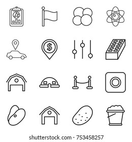 thin line icon set : report, flag, atom core, car pointer, dollar pin, equalizer, brick, barn, dome house, vip fence, ring button, beans, potato, foam bucket