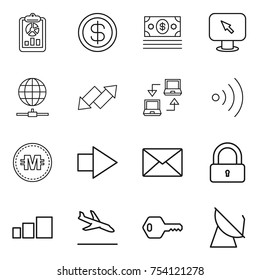 thin line icon set : report, dollar, money, monitor arrow, globe connect, up down, notebook, wireless, crypto currency, right, mail, lock, sorting, arrival, key, satellite antenna