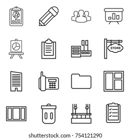 thin line icon set : report, pencil, group, presentation, clipboard, store, signboard, skyscraper, phone, documents, window, trash bin, skysrcapers cleaning, list