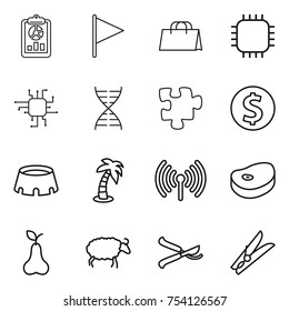 thin line icon set : report, flag, shopping bag, chip, dna, puzzle, dollar coin, stadium, palm, wireless, steake, pear, sheep, pruner, clothespin