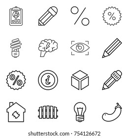 thin line icon set : report, pencil, percent, bulb, brain, eye identity, info, 3d, smart house, fence, eggplant