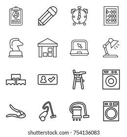 thin line icon set : report, pencil, alarm clock, abacus, chess horse, warehouse, notebook, table lamp, block wall, check in, Chair for babies, washing machine, walnut crack, vacuum cleaner