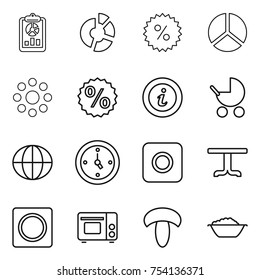 thin line icon set : report, circle diagram, percent, round around, info, baby stroller, globe, watch, ring button, table, grill oven, mushroom, foam basin