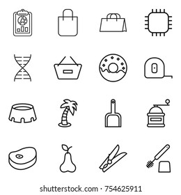 thin line icon set : report, shopping bag, chip, dna, remove from basket, donut, measuring tape, stadium, palm, scoop, hand mill, steake, pear, clothespin, toilet brush