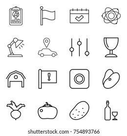 thin line icon set : report, flag, calendar, atom, table lamp, car pointer, equalizer, wineglass, barn, important, ring button, beans, beet, tomato, potato, wine