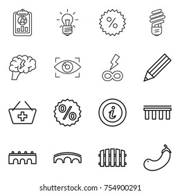 thin line icon set : report, bulb, percent, brain, eye identity, infinity power, pencil, add to basket, info, bridge, fence, eggplant