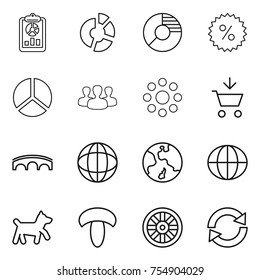 thin line icon set : report, circle diagram, percent, group, round around, add to cart, bridge, globe, earth, dog, mushroom, wheel, reload