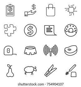 thin line icon set : report, investment, shopping bag, chip, puzzle, dollar coin, list, donut, measuring tape, stadium, wireless, steake, pear, sheep, clothespin, toilet brush