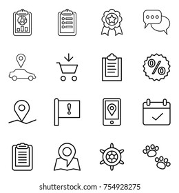 thin line icon set : report, clipboard, medal, discussion, car pointer, add to cart, percent, geo pin, important flag, mobile location, terms, map, handwheel, pets