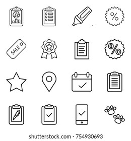 thin line icon set : report, clipboard, marker, percent, sale, medal, star, geo pin, terms, pen, check, mobile checking, pets