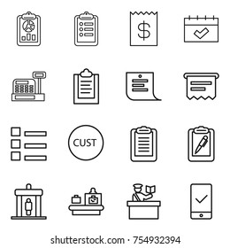 thin line icon set : report, clipboard, receipt, calendar, cashbox, shopping list, atm, customs, pen, detector, baggage checking, inspector, mobile