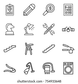 thin line icon set : report, pencil, dollar magnifier, abacus, chess horse, table lamp, wrench, drawbridge, stairs, Chair for babies, garlic clasp, walnut crack, vacuum cleaner, washing machine