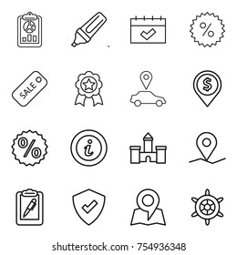 thin line icon set : report, marker, calendar, percent, sale, medal, car pointer, dollar pin, info, castle, geo, clipboard pen, protected, map, handwheel