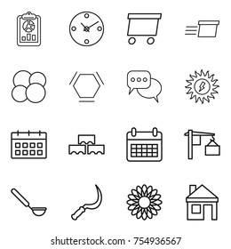 thin line icon set : report, clock, delivery, atom core, hex molecule, discussion, sun power, calendar, block wall, loading, ladle, sickle, flower, house