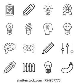 thin line icon set : report, pencil, bulb, medal, head, brain, eye identity, equalizer, fence, eggplant