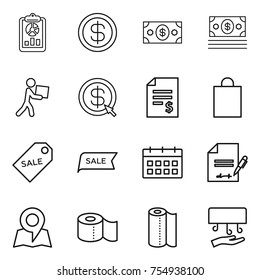 thin line icon set : report, dollar, money, courier, arrow, account balance, shopping bag, sale label, calendar, inventory, map, toilet paper, towel, hand dryer