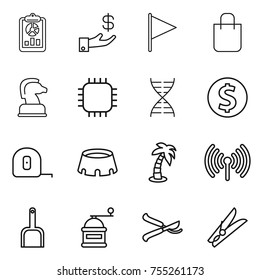 thin line icon set : report, investment, flag, shopping bag, chess horse, chip, dna, dollar coin, measuring tape, stadium, palm, wireless, scoop, hand mill, pruner, clothespin