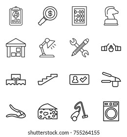 thin line icon set : report, dollar magnifier, abacus, chess horse, warehouse, table lamp, pencil wrench, drawbridge, block wall, stairs, check in, garlic clasp, walnut crack, cheese, vacuum cleaner