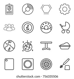 Thin line icon set : report, circle diagram, hex molecule, gear, group, info, donut, baby stroller, earth, disco ball, table, washing, cutting board, ring button, wheel, toilet brush