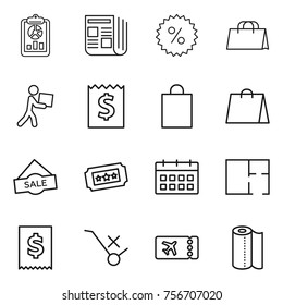 thin line icon set : report, newspaper, percent, shopping bag, courier, receipt, sale, ticket, calendar, plan, tax, do not trolley sign, paper towel