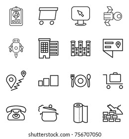 thin line icon set : report, delivery, monitor arrow, satellite, jet robot, houses, palace, location details, route, sorting, cafe, baggage trolley, phone, steam pan, paper towel, construct garbage