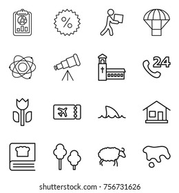 thin line icon set : report, percent, courier, parachute, atom, telescope, church, phone 24, perishable, ticket, shark flipper, home, cooking book, trees, sheep, spot
