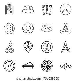 Thin Line Icon Set : Report, Group, Alarm Clock, Diagram, Around Gear, Spinner, Infinity Power, Dollar Pin, Info, Draw Compass, Barometer, Washing, Wheel, Hard Reach Place Cleaning